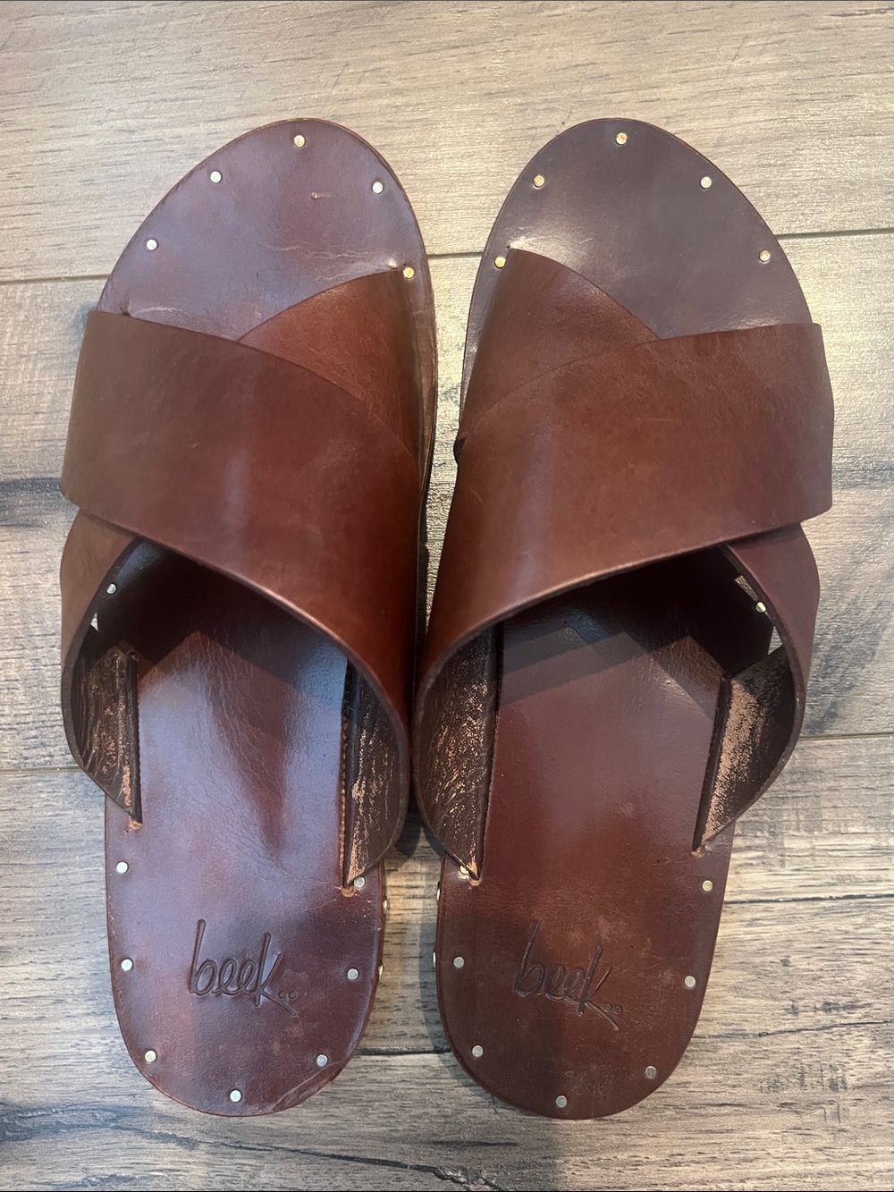 beek Brown Leather Crisscross Men’s Slide Sandals with Brass Studs